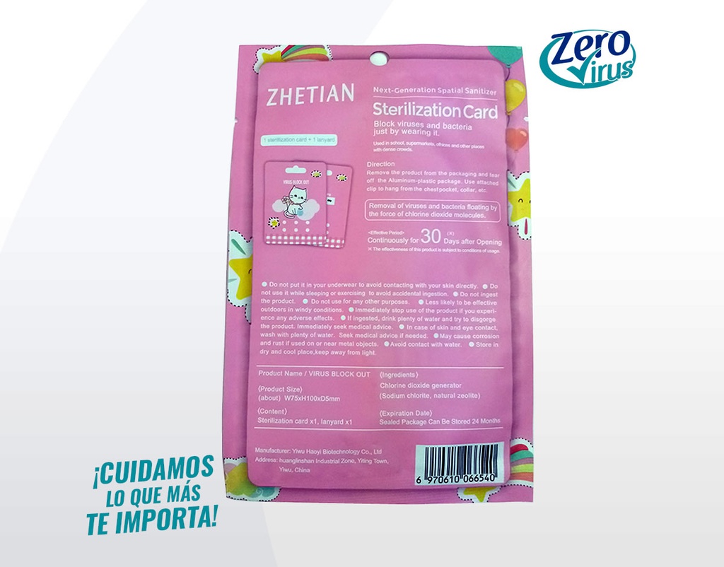 Tarjeta Sanitizante Virus Block Out para ñiños rosa